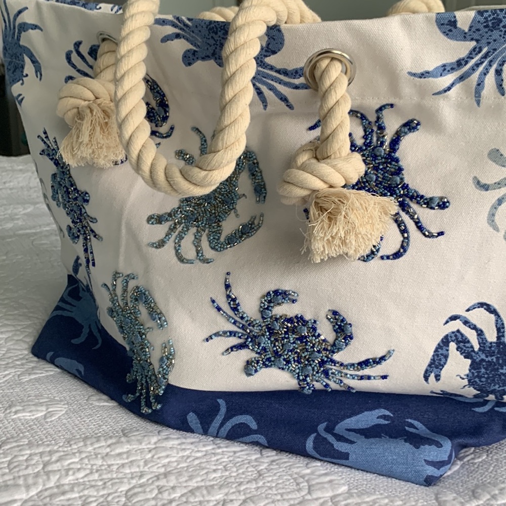 Casey Key Beach tote with sequins, blue and white and silver - Picture 2 of 4